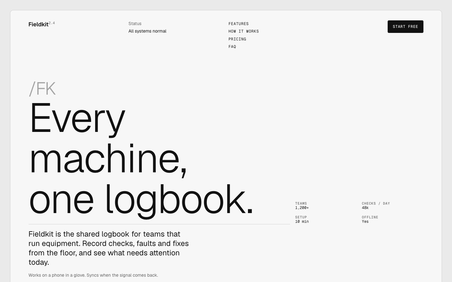 Screenshot of the Fieldkit landing page: header, large hero title with facts, orange line art.
